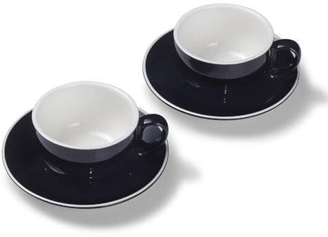 Terra Home 2er Milchkaffee-Tassen Set - Schwarz, 350 ml, Matt, Porzellan, Dickwandig, Spülmaschinenfest, italienisches Design - Kaffee-Tassen Set mit Untertassen