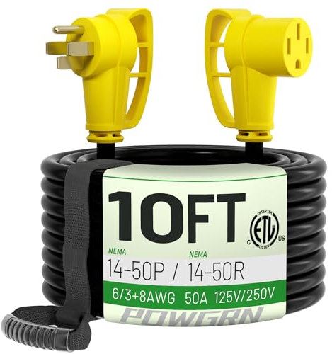 POWGRN Cavo di prolunga RV/EV da 50 Amp da 10 piedi per esterni con impugnatura di presa, cavo di alimentazione flessibile resistente calibro 6/3+8/1 STW 4 punte RV impermeabile, NEMA 14-50P a