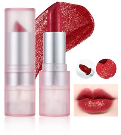 Prreal Glitter Lipstick, Diamond Metallic Lipstick, Pearlescent Matte Lipstick, Cream Sparkling Lip Gross Lipstick, Waterproof Not Stick Cup Lip Makeup for Women Christmas(06 Cherry Red)