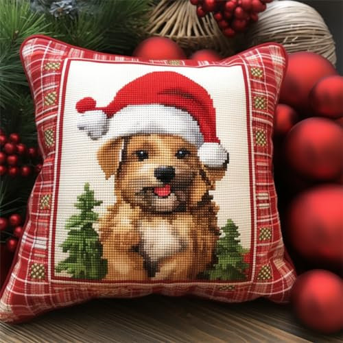 Diy Knüpfen Set Erwachsene Weihnachts-Welpen-Haken-Knüpfset, Kissenbezug, Teppich, Bedrucktes Kissen, Häkelgarn, Stickerei, Dekoration 17x17in