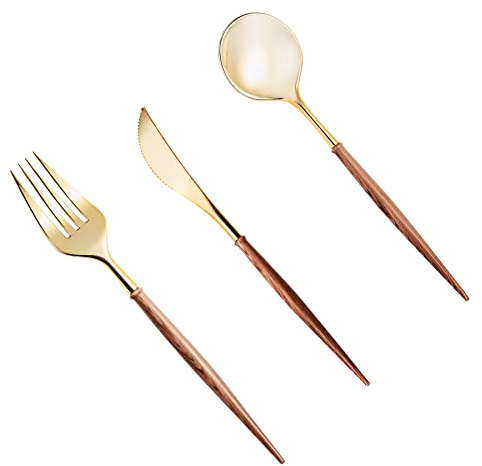Lullaby 60pcs Gold Plastic Silverware, Gold Disposable Cutlery with Wood Grain Handle Include 20 Forks, 20 Spoons, 20 Knives, Elegant Disposable Silverware for Wedding, Party, Gathering, Daily Use
