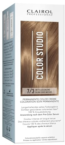 Clairol Professional Color Studio Permanente Haarfarbe Mittelgoldblond 7/3 (110 ml) – mit Metal-Purifier für 6 x weniger Haarbruch, 10 Wochen sattes Farbergebnis & 100 % Grauabdeckung – inkl. Haarkur