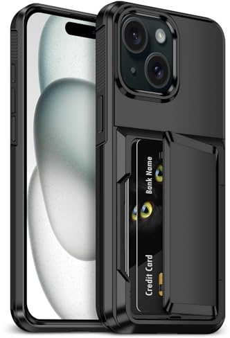 Aolcev for iPhone 15 Case with Card Holder [Max 4 Cards] Black | Heavy Duty Protective Shockproof,Dual Layer Hard PC Soft TPU Bumper,Hidden Card Slot Wallet Cover for iPhone 15 Phone Case