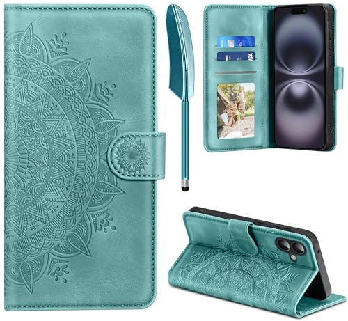 EASDNB Lederhülle für iPhone 16 Hülle, Handyhülle für iPhone 16 Flip Wallet PU Leder Case [Kartenfach] [Magnet] [Ständer] Prägung Klapphülle Schutzhülle für iPhone 16 6.1 Zoll, Grün
