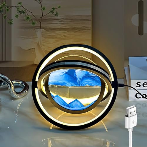 MYBSXKEOZ Cadre Sable Mouvant en Verre Rond, 3D Sablier Decoratif avec Veilleuse LED,Image De Sable Dynamique,Peinture De Sable Qui Coule, Cadre Sablier LED en Verre Rond pour Adultes La Décoration