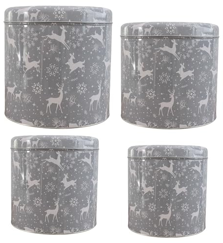 MACOSA EX613-401929a Gebäckdosen 4er Set Metall Grau Plätzchendose stapelbare Keks-Dose Aufbewahrungsdose Plätzchen Vorratsdose Weihnachten Blechdose (Grau)