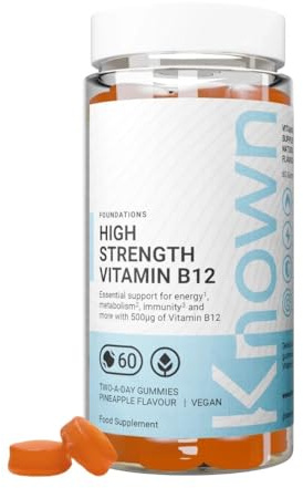Known Vitamin B12 Gummies Högdoserad 500mcg – Ananassmak – Veganskt Tuggbar Gummy-kosttillskott – Hög Absorption – Energi, Metabolism & Minskad Trötthet – 1 Månads Förbrukning – För Män & Kvinnor