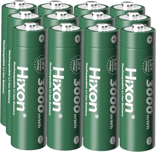 Hixon AA Rechargeable Lithium Batteries 1.5V,12 Pack 3000mWh High Capacity Double AA Battery,Constant Output for Household Device,1600Cycle,Max 3.8A Discharge-Charger Not Included