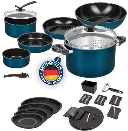 Kelton Pfannenset Töpfe Set 3 in 1 mit Deckel und Gemüseschneider 27 tlg., Kochgeschirr mit Pfannen und Kochtöpfen mit Antihaft Beschschichtung, PFOA & PTFE-frei, abnehmbarer Griff