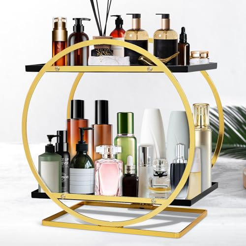 WnicdviR Parfüm Organizer für Kommode, 2-Tier Make-up Organizer für Eitelkeit, Badezimmer Organizer für Parfüm, Geschenke Frauen, kosmetische Display Storage Geschenke für Frauen (schwarzes Gold)