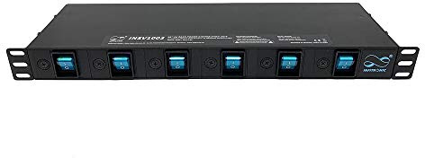 Infitronic INSV1003A 19 Zoll Steckdosenleiste 1HE, 6-Fach Rack-PDU Schwarz – 6X einzeln schaltbare, 90° gedrehte Ausgänge (3680W/16A) mit Feinsicherung – Stromverteiler für Gaming, Aquarium & Labor