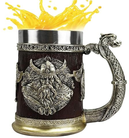 Tazza con motivo mitologia norrena, Odino e boccale da birra, in acciaio inox, 600 ml, boccale da uomo, stile medievale, regalo in legno, decorazione norrena