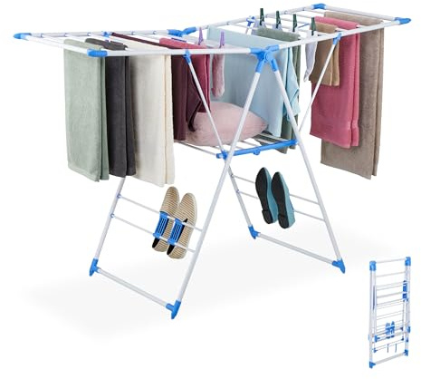 Relaxdays Étendoir à Linge, tancarville Pliable, 2 étages Pratiques, H x L x P : 99 x 155 x 61 cm, Blanc et Bleu | 2 étages pratiques, H x L x P : 99 x 155 x 61 cm