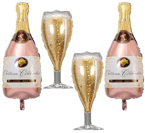 Champagner Folienballons XXL – 4 Stück Wiederverwendbare Roségold Sektflasche Luftballons (90 cm) mit Helium – Perfekte Party Deko für Hochzeit, Geburtstag, Jubiläum & Events