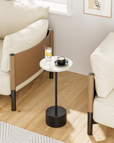 HEYZOEY Beistelltisch rund, Kleiner Cocktailtisch, Weiß Couchtisch mit Marmormuster, Getränketisch für kleine Räume,Wohnzimmer,Schlafzimmer, Weiß & Schwarz
