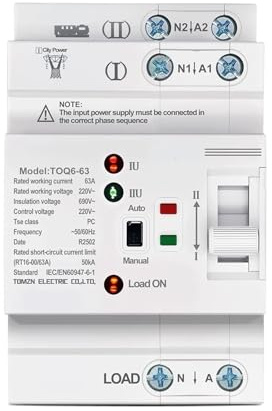USRRMPBC Interruptores selectores eléctricos de Transferencia automática de Potencia Dual pequeños ATS LN de 220 V for riel DIN, ininterrumpidos, 2P, 63 A, TOQ6
