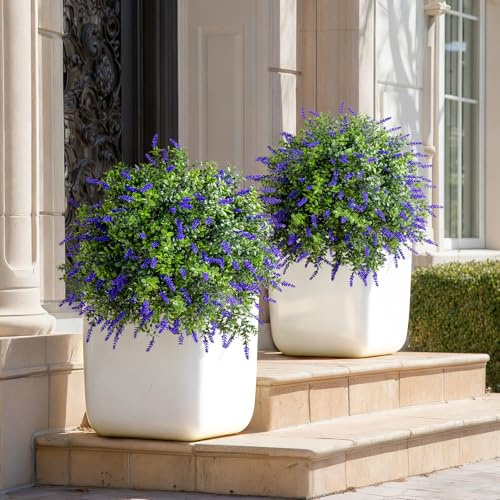 Bailikang 2PCS Artificial Lavender Boxwood Topiary Ball Bush with Ground Spike Fake Evergreen Shrubs Bushes Plants UV Resistant Faux Greenery Shrubs, Fake Green Boxwood Plants for Garden, Yard, Porch