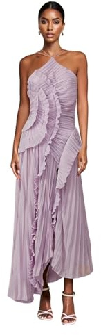 Alaurbeauty Abito lungo da donna con volant e plissettato, senza maniche, con allacciatura al collo, irregolare, a gradini, plissettato, fluente, abito in chiffon per gli ospiti del matrimonio