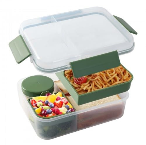 Luxvara Lunch Box 1600ml, Leakproof Bento Box for Kids Adults with Compartments and Sauce Jar Lunch Container for School Work Travel BPA Free Microwave and Dishwasher Safe (Green)