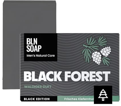 Black Forest Feste Männerseife: Natürliche Seife für Männer, Hand, Körper & Haare, Körperseife Aktivkohle & Kiefernholz Mann, Shampoo Vegan, 3-in-1 Duschseife Herren, Festes Duschgel, 135 g, BLN SOAP