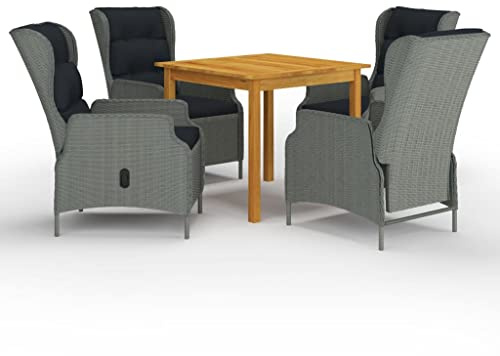 QJBSAVVA Gartenmöbel Set 5-TLG Essgruppe für Balkon & Terrasse 85 x 85 cm Akazienholz Tisch und 4 verstellbare Rattanstühle mit Liegefunktion platzsparend für kleine Balkone Garten Lounge
