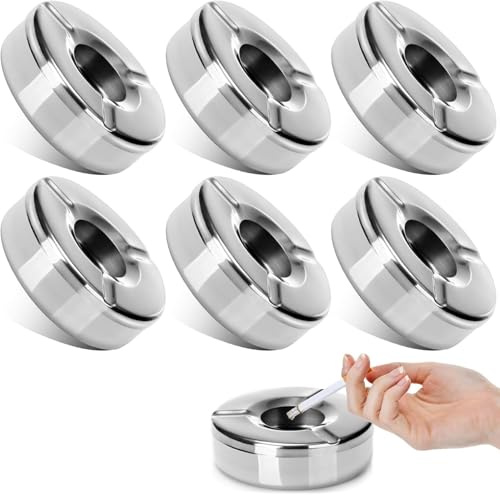 6 Pieces Stainless Steel Ashtray, Wind Ashtray with Removable Lid for Indoor and Outdoor Home Garden Office Balcony Living Room