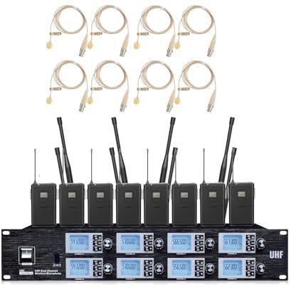 8 Channel Wireless Lavalier Lapel Microphone System for School Drama Theatre Stage Performance, 8 Lavalier Microphone Cordless mic Set Beige, 328Feet, Adjustable Frequancy