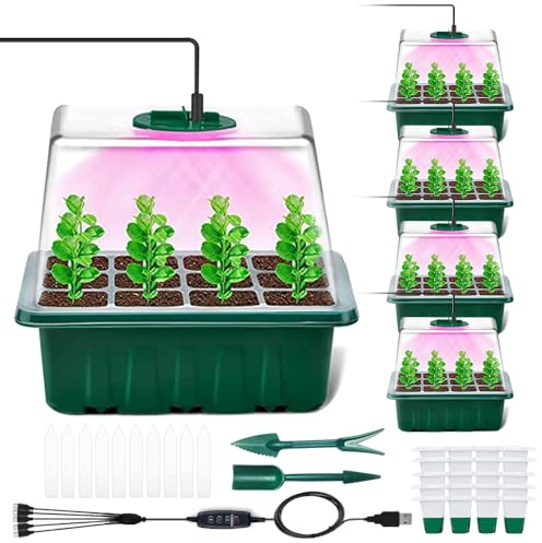 KUWUNG 5 Stück 60 Zellen Anzuchtset Zimmergewächshaus mit Licht, Anzuchtschalen mit Deckel, Mini Gewächshaus Anzucht mit Timing-Controller Einstellbare Helligkeit Pflanzen für Außenbereich Innen