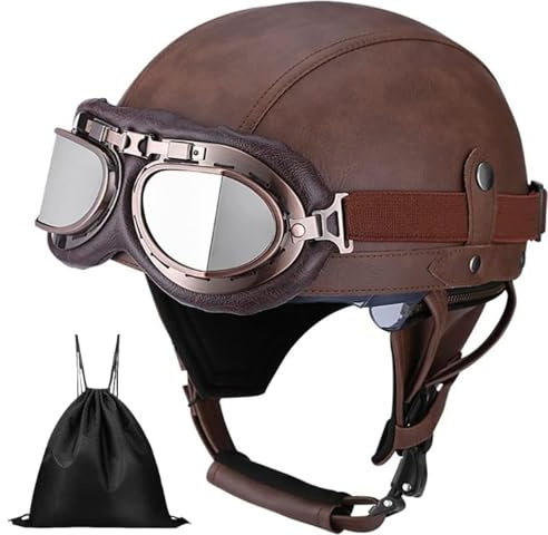 mopedhjälm herr dam halvskalshjälm motorcykel halvhjälm DOT/ECE-godkänd öppen ansikte motorcykelhjälm vintage skoter halvhjälm med glasögon för skoter skateboard cykel 3,L (59–60 cm)