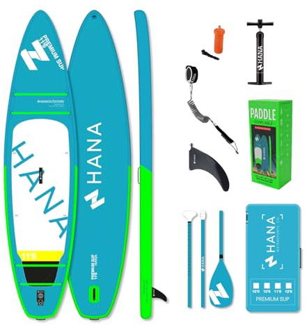 HANA 11'6 Premium Paddle Gonflable – Pack Sup Complet – Planche Stand Up Paddle Hyper Stable & Rapide – Technologie Ultra-Stitch – Inclus : Pagaie, Pompe, Sac, Leash – Idéal Duo, Famille & Kayak