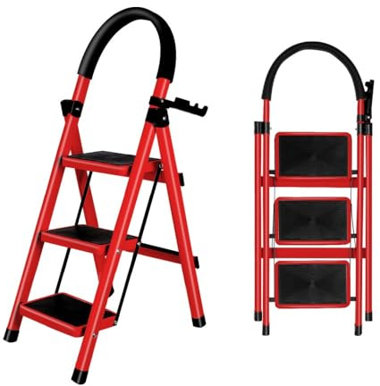 Escabeau Pliable 3/4/5 marches Charge maximale de 150kg Verrouillage de sécurité, pédales Larges accoudoirs escabeau escamotable légères pour la Maison, Cuisine, Placard et Bureau (Rouge-3 marches)