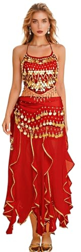 Women's Belly dance Costumes for Dancer Coins Top Belly Dance Hip Scarf Coins, Halloween Belly Dance Chiffon Skirt (Red)
