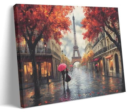 Black White Red Couple with Umbrella Canvas Poster Wall Art, Paris Eiffel Tower Fancy Street Scenery, Romantic French Paris Artwork for Indoor Wall Decor 24x36inch(60x90cm)