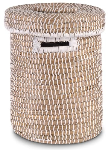 Decorasian Wäschekorb mit Deckel aus Seegras – Bast Wäschesammler geflochten, rund & groß – 3er Set oder Einzeln – Boho Korb für Wäsche, Spielzeug & Decken – Nachhaltig & Robust, 29cm x 25cm