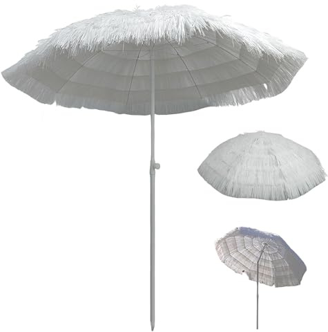 Generico 2.0M Ombrellone Bianco In Paglia Protezione UPF 50+ 8 Stecche Inclinabile Impermeabile Ombrelloni Tiki In Paglia Per Mare Spiaggia Piscina Terrazzo Senza Supporto