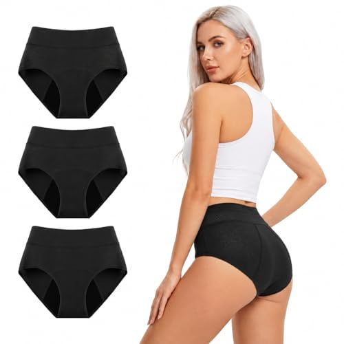 Fjquamitix Period Pants for Women Heavy Flow, High Waist Leakproof Period Underwear for Women, Mesh Breathable Period Knickers Briefs Pack of 3 (UK, Alpha, M, Regular, Regular, 3, Black)