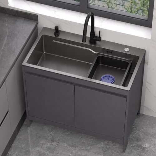 Mobile Lavello da Cucina e Esterno Giardino, Lavello Autoportante in Acciaio Inossidabile con Mobiletto in Alluminio, Vasca Singola Grigio Antracite, Dispenser Sapone e Tubo di Scarico 68cm