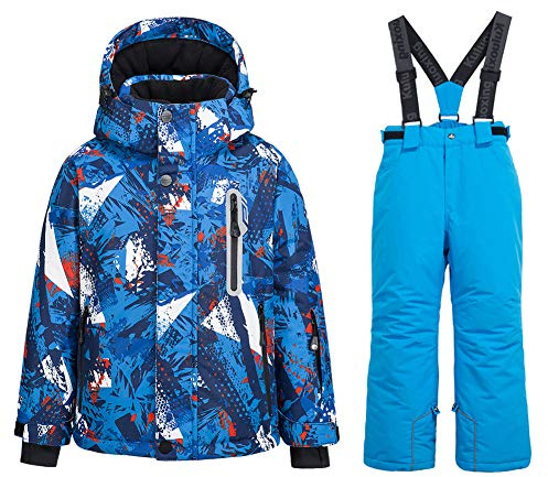WOWULOVELY Big Boy's 2-Piece Colorblock Snow Pants and Jacket Snowsuit Ski Suit Waterproof Windproof Ski Jacket Colorful Unisex (6, 55 Blue)