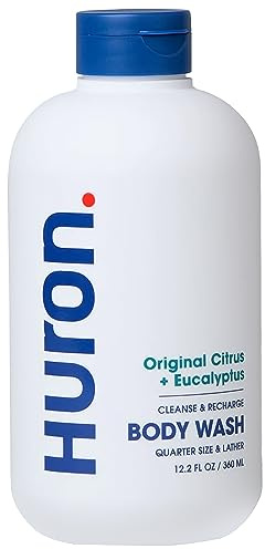 Huron Men’s Moisturizing Body Wash – Crisp & Invigorating Scent of Citrus, Eucalyptus, Mint, & Aromatic Greens - Made With Coconut Oil, Vitamin E & Witch Hazel – Vegan, Cruelty-Free - 12.2 fl oz