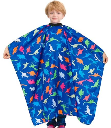 PASHOP 120x100CM Friseurumhang Kinder, Wasserdicht Friseur Umhang Mit Dinosauriermuster, Haarschneideumhang mit Verstellbarem Halsband für Haarschnitt Jungen und Mädchen (Blau Dinosaurier)