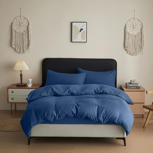 Anti-Allergy Anti-Bacterial Brushed Soft Touch Microfibre Duvet Cover & Pillowcase/s Bedding Bed Linen Set (Navy, King)