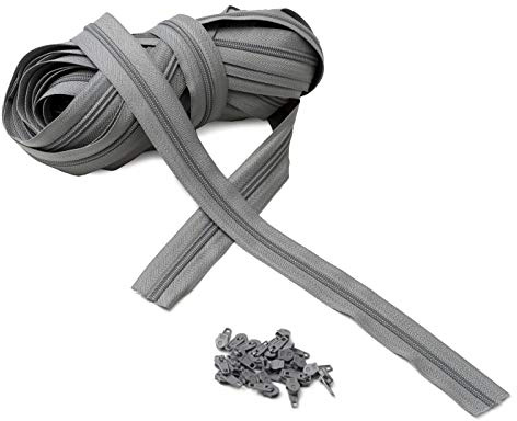 IPEA Cremallera de tamaño 3# cadena continua – 10 metros – Cremalleras por metro de nailon + 25 deslizadores incluidos – Cremallera – Recortable, 3 colores a elegir, gris, ancho 30 mm