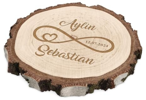 Maverton runde Deko Holzscheibe mit Gravur, Untersetzer aus Birkenholz | Durchmesser: 16-22 cm, Dicke: 1,5-2,5 cm, Holzkreise personalisiert, Deko Baumscheibe für Paar, Unendlichkeit