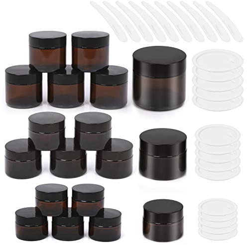 Wokape 25Pcs Amber Glass Jars with Liner Lids Spoons Assortment Kit, Leak-proof Round Containers Large Capacity Jars for Cream Lotion Liquid Powder(1oz 1.7oz 2oz)