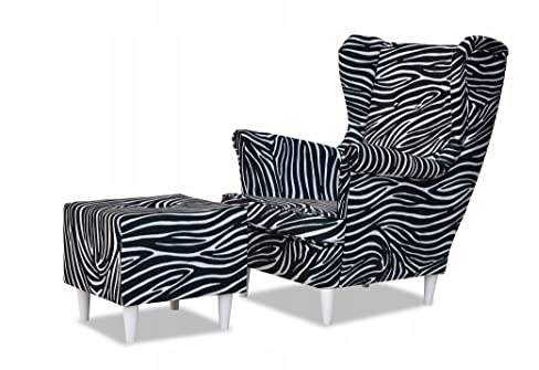 Family Meble Ohrensessel mit Hocker, Modell Print, Skandinavisch, Relaxsessel aus Webstoff, Loungesessel, Ohrensessel mit Hocker, Bequemer Sessel, Für Wohnzimmer, Esszimmer, Schlafzimmer, Rippen
