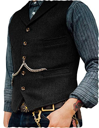 AeoTeokey Classic Mens Wool Tweed Suit Vest Casual Sleeveless Jacket Herringbone Waistcoat for Tuxedos(XL,Black)