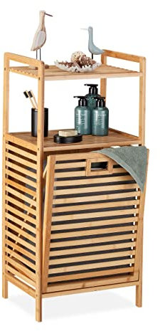 Relaxdays Estantería Baño con Cesta para Colada, 2 Baldas, 96 x 44 x 33 cm, Tapa Abatible, Bambú y Tela, Natural y Gris