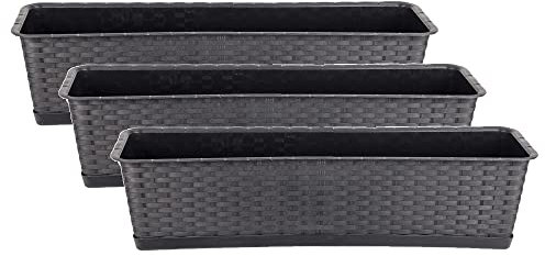 BigDean 3er Set Blumenkasten mit Untersetzer 70 cm lang Rattan-Optik anthrazit - aus PP-Kunststoff - Balkon Pflanzkasten schmal Balkonkasten