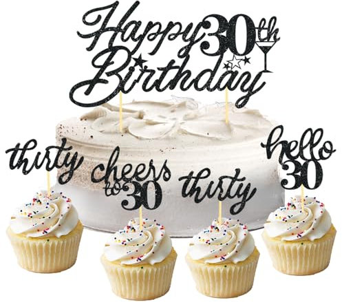 13 Stück Glitzer 30. Geburtstag Cupcake Topper Geburtstagsdeko, Tortendeko 30 geburtstag frau für 30 Geburtstagsfeier Zubehör Party Dekoration Kuchendekoration (Schwarz)