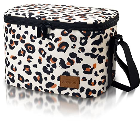 AOSBOS Sac Repas Isotherme Homme Femme avec Bandoulière Lunch Bag en Tissu Imperméable avec Doublure Étanche pour pique-nique, Abricot & Motif à Léopard
